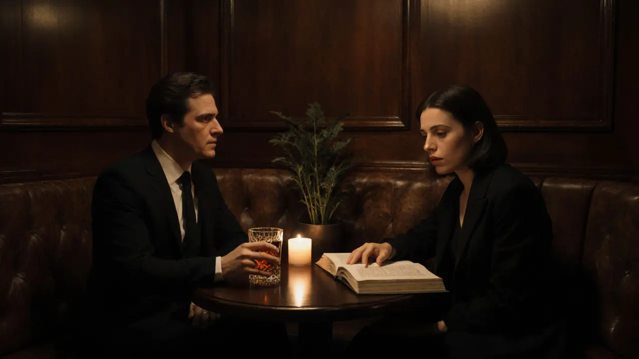 A couple enjoying quiet time in a dimly lit upscale bar with a book and cocktail.