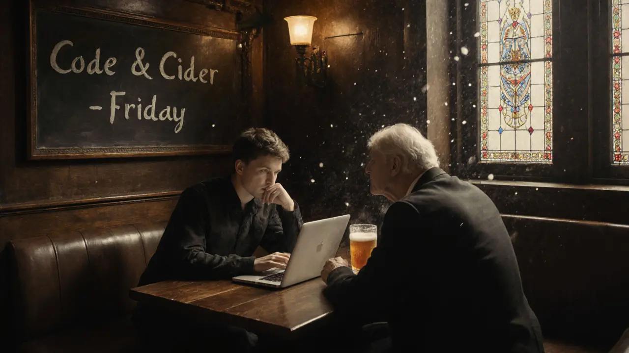 A developer and engineer sharing cider and code in a cozy 19th-century pub with chalkboard signs.