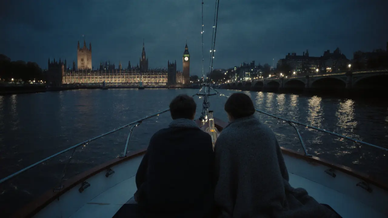 A private boat drifts on the Thames at night, reflecting the city’s skyline in calm waters.
