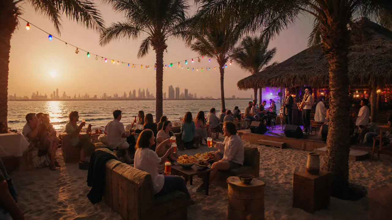 Barasti Beach Bar lively sunset scene with patrons, 2‑for‑1 beers, nachos and live music.