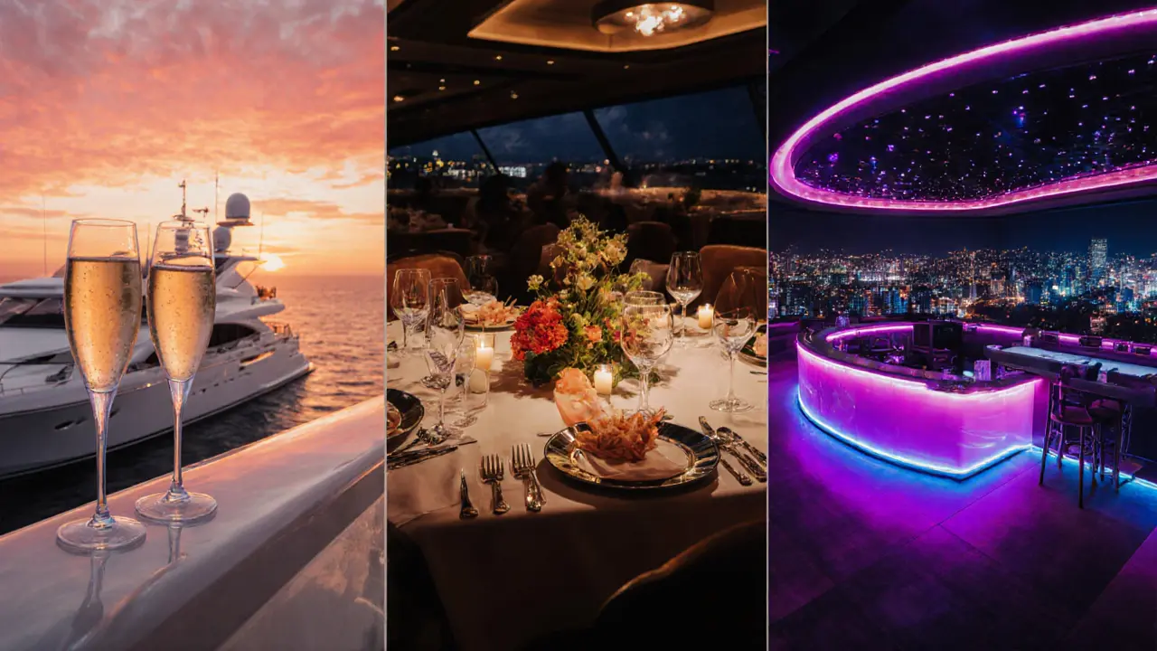 Collage of a yacht sunset, fine‑dining table, and upscale nightclub booth.