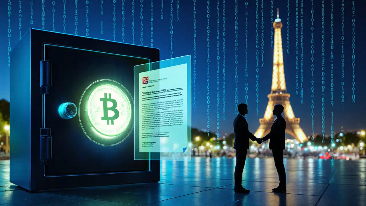 Conceptual image of a secure vault with credit card, crypto coin, and public meeting silhouette.