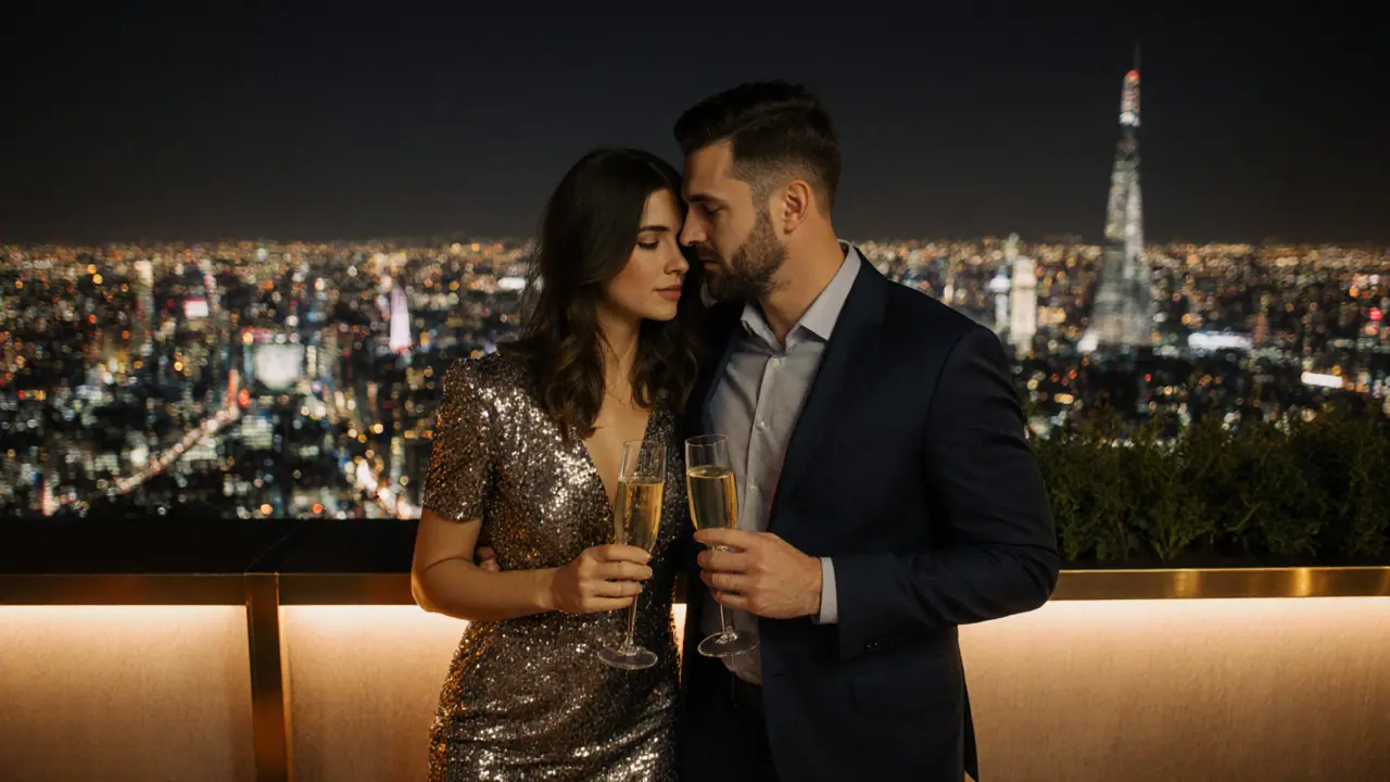 Couple enjoying drinks on a rooftop bar with London skyline at night.