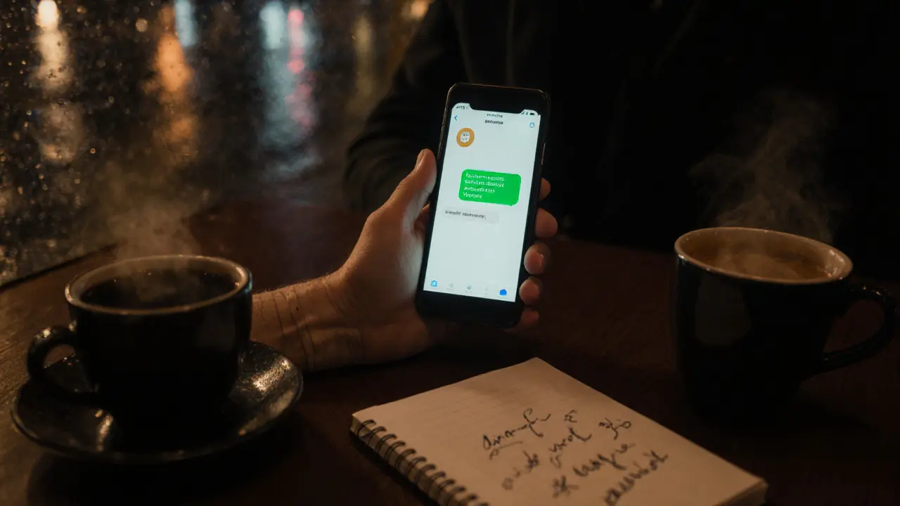 Cozy café scene with encrypted phone, verification badge, and coffee representing safety.