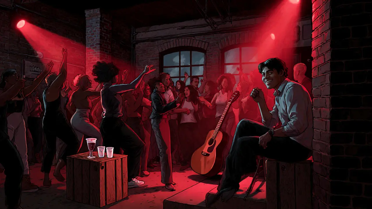 Crowd dancing in a dim underground club with industrial walls and flickering lights.