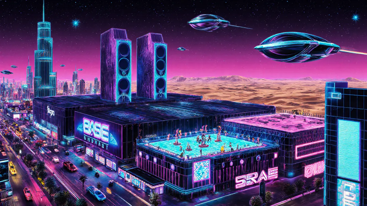 Cyber‑punk illustration of Dubai nightlife highlighting BASE Dubai, Soho Garden, Drai's and futuristic city lights.