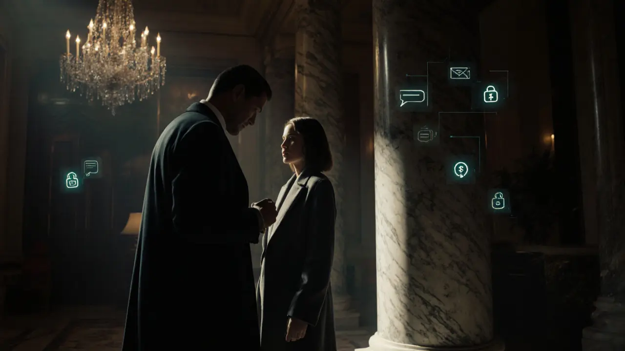 Discreet hotel lobby meeting with subtle hints of encrypted messaging.