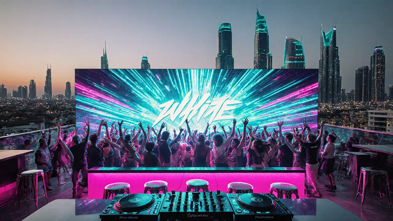 Energetic White Dubai rooftop with LED wall and dancing crowd.