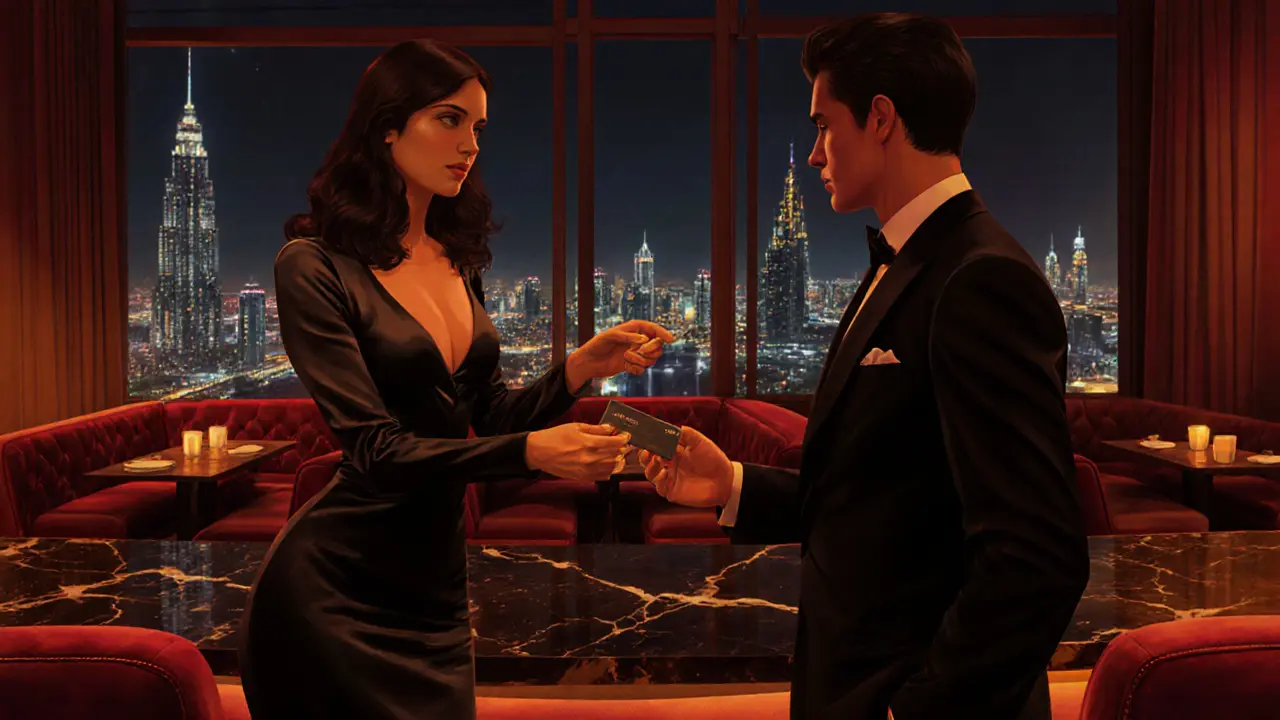 Escort and client exchanging a secret code in a luxurious hotel lounge.