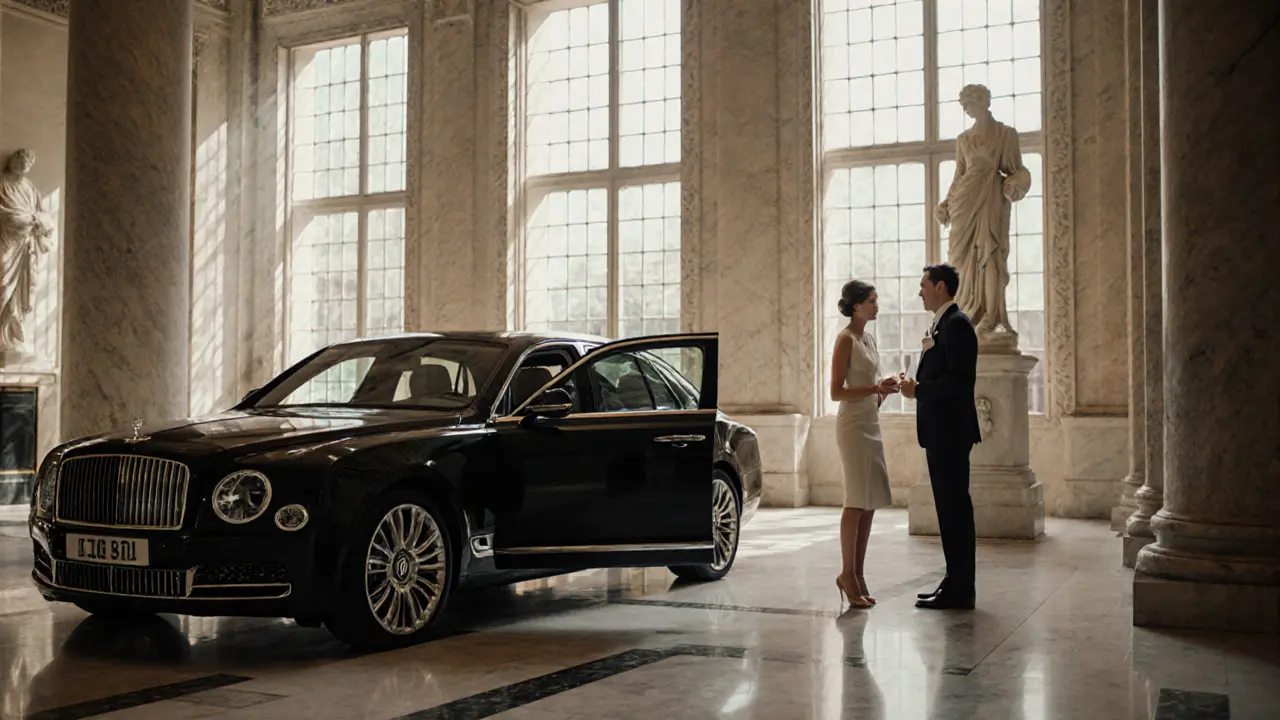 Escort and client viewing art in a private gallery after arriving in a Bentley.