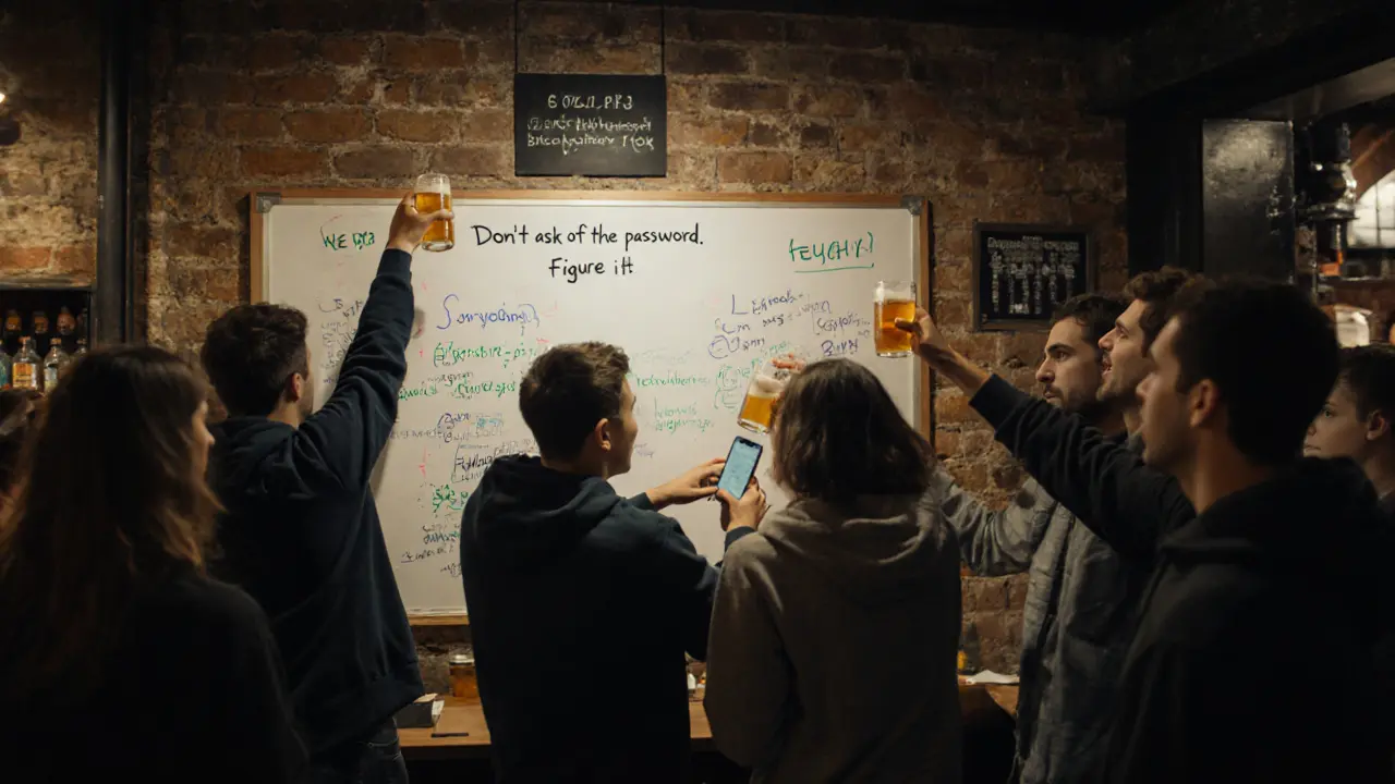 Founders solving a whiteboard puzzle in a crowded pub with indie music and raised pint glasses.