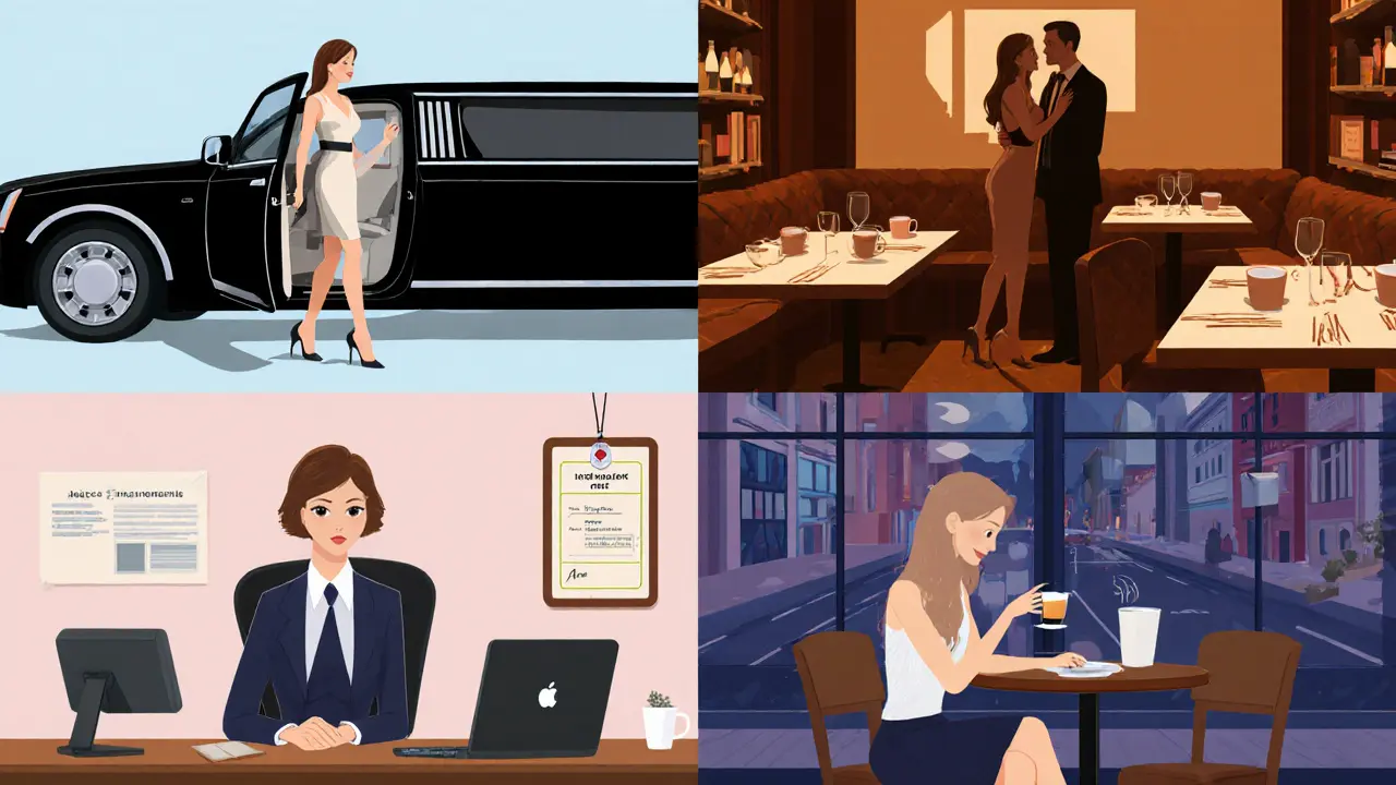 Four scenes showing VIP escort, intimate meet, agency office, and independent café.