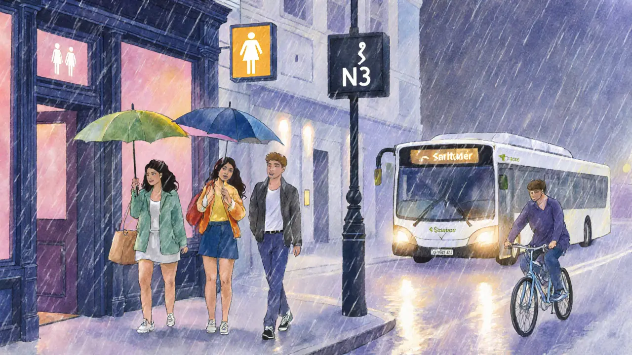 Friends leaving a club at night, near a glowing night bus, bike, and gender‑neutral restroom sign.