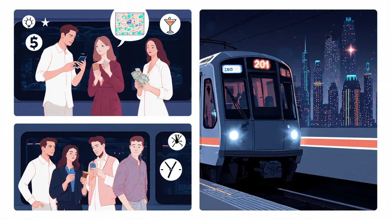 Group of friends boarding a night metro, smart‑casual, holding IDs and cash, heading to Dubai nightlife.