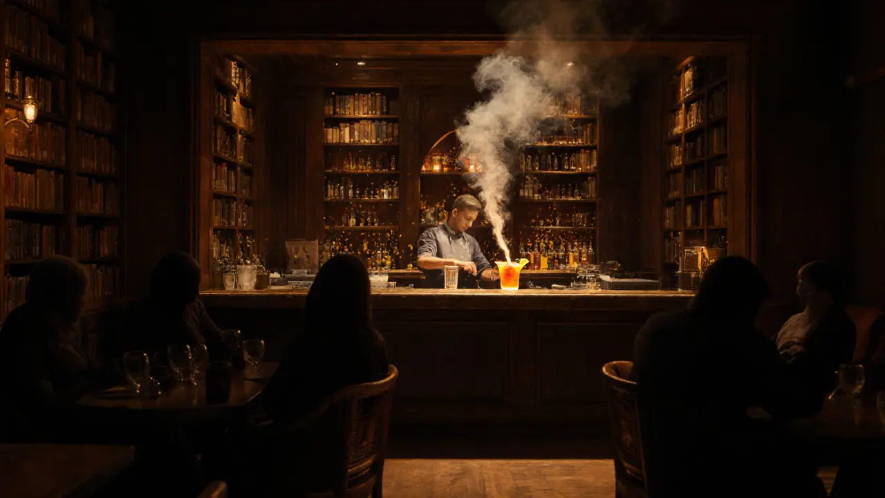 Hidden speakeasy with glowing cocktail and floating golden particles in a dim bookshelf room