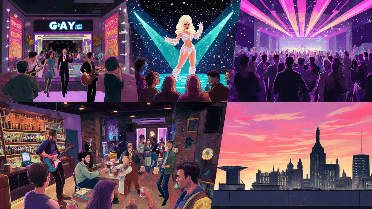 Illustrated panels of five London LGBTQ venues showing drag, dance floor, live band, rock, and rooftop scenes.