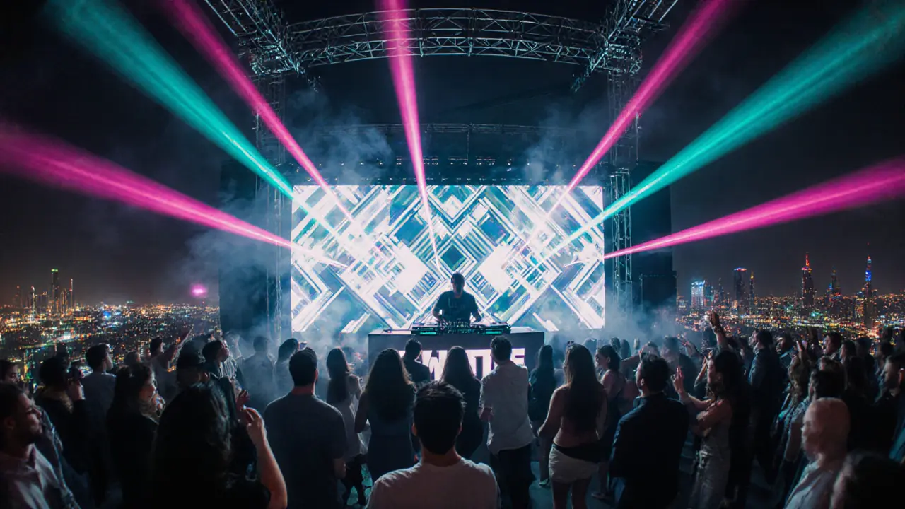 Inside WHITE Dubai rooftop club with a DJ, LED wall, laser lights, and dancing crowd against the city skyline.