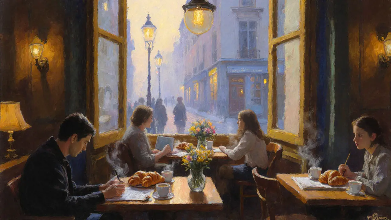 Le Café de la Mairie interior at dawn with coffee, pastries, and quiet patrons.