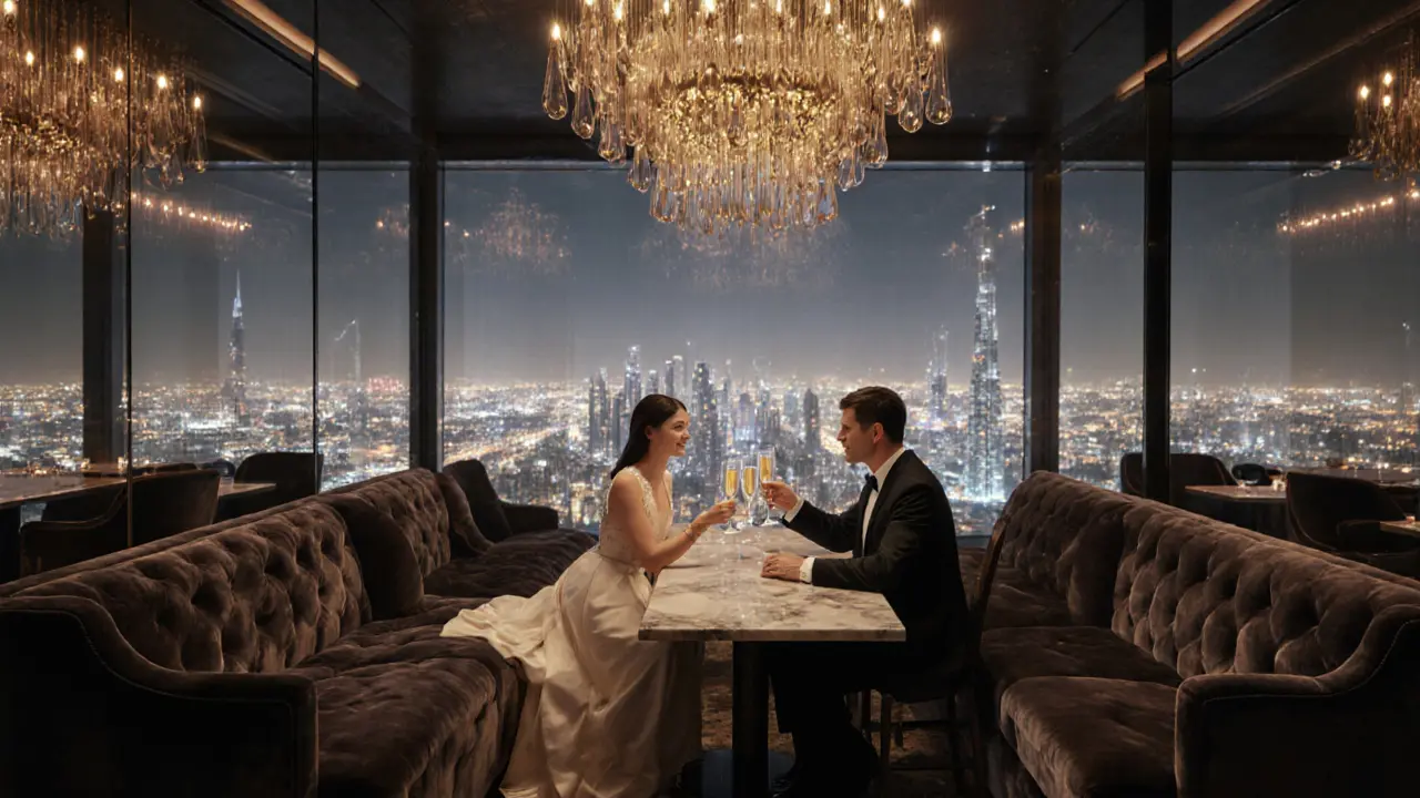 Luxurious At.mosphere lounge overlooking Dubai from Burj Khalifa.