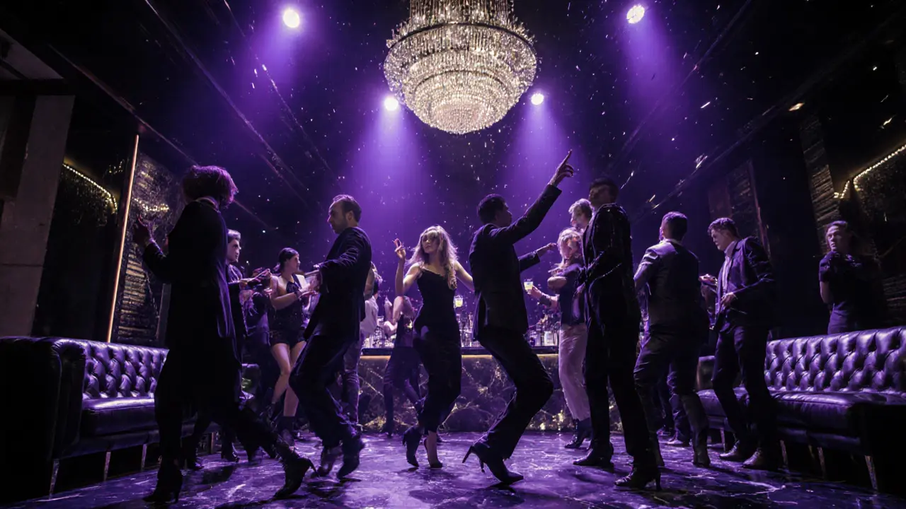 Luxurious club interior with fashionable crowd dancing under violet LED lighting.