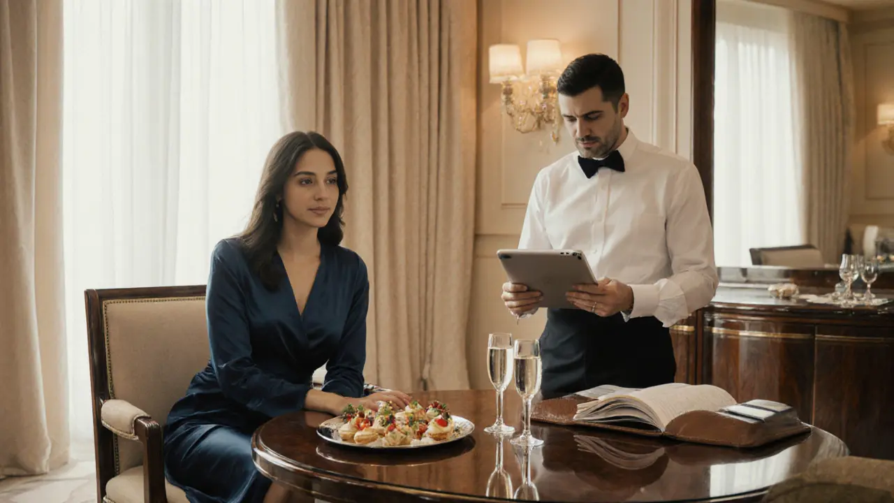 Luxurious hotel suite with champagne, itinerary, and a sophisticated companion beside a concierge.