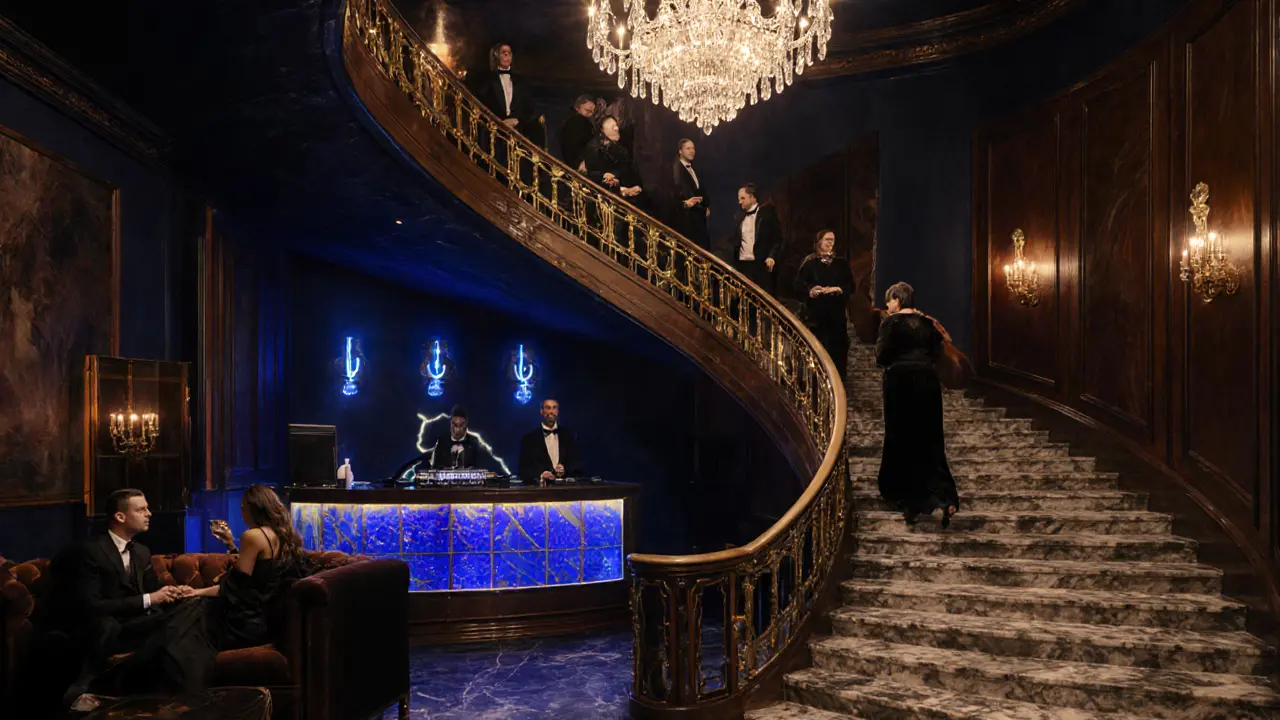 Luxurious interior of Jimmy’s nightclub with grand staircase, chandelier, and elegantly dressed guests.