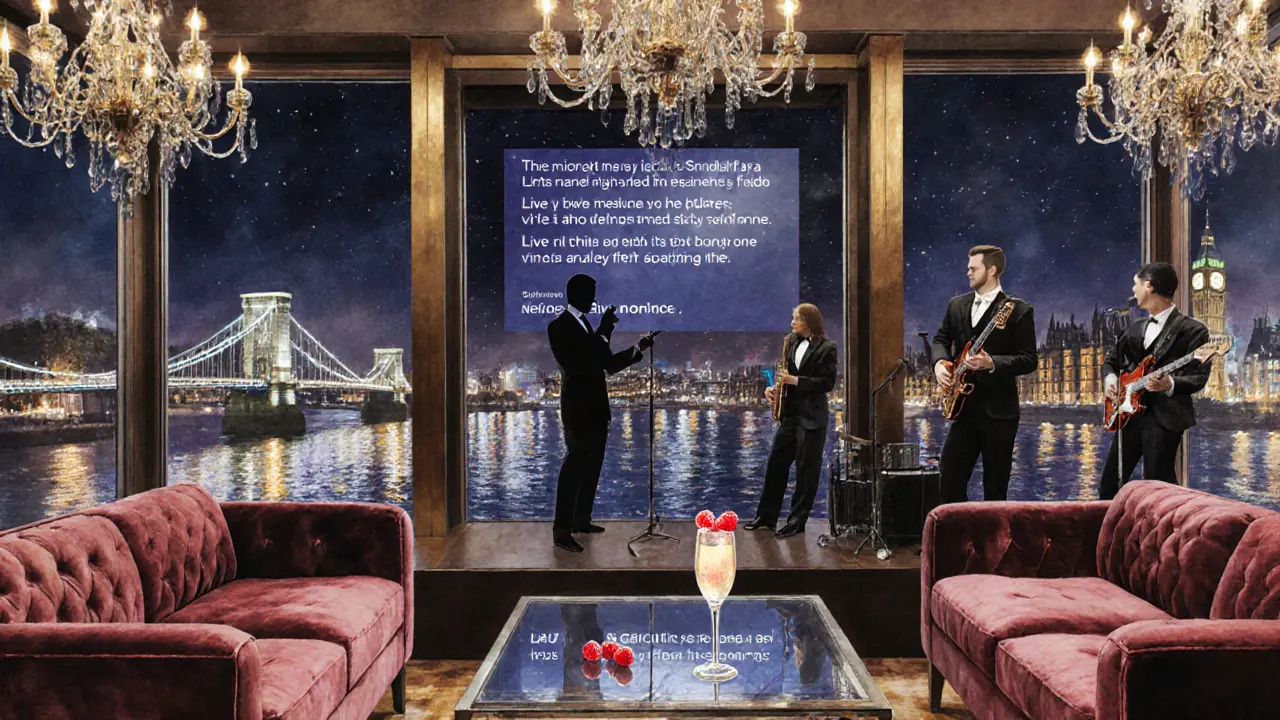 Luxurious South Bank karaoke suite with champagne, river view, and live band silhouette.