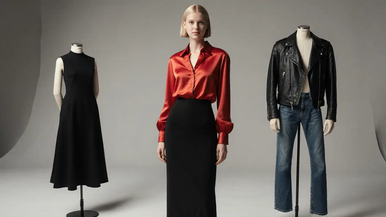 Model in studio with three outfit options representing professional photoshoot.