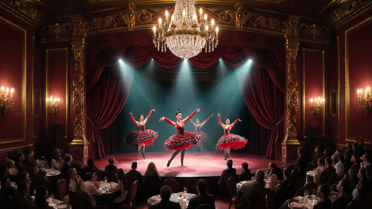 Moulin Rouge stage with can‑can dancers under dramatic lights.