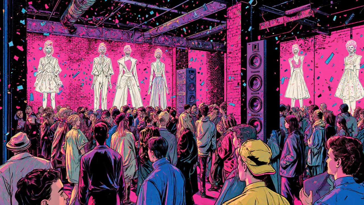 Neon‑lit fashion week pop‑up party in an industrial loft with models and DJs.