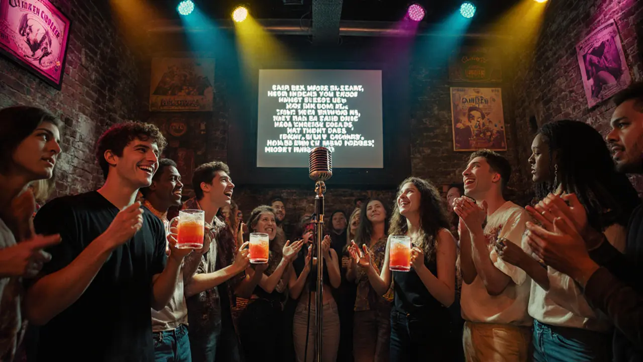 Open‑mic stage at Sing City Camden with a crowd singing and colorful spotlights.