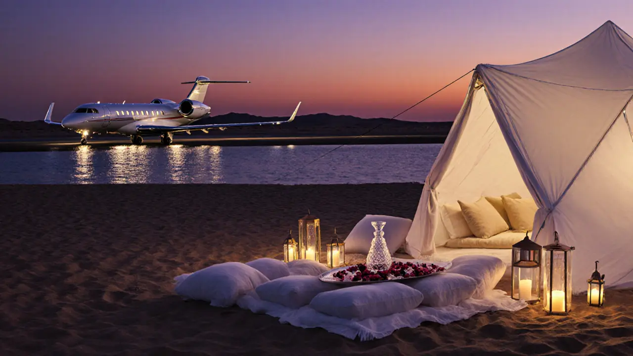 Private jet, yacht, and desert tent setup showcase ultra‑exclusive premium amenities.