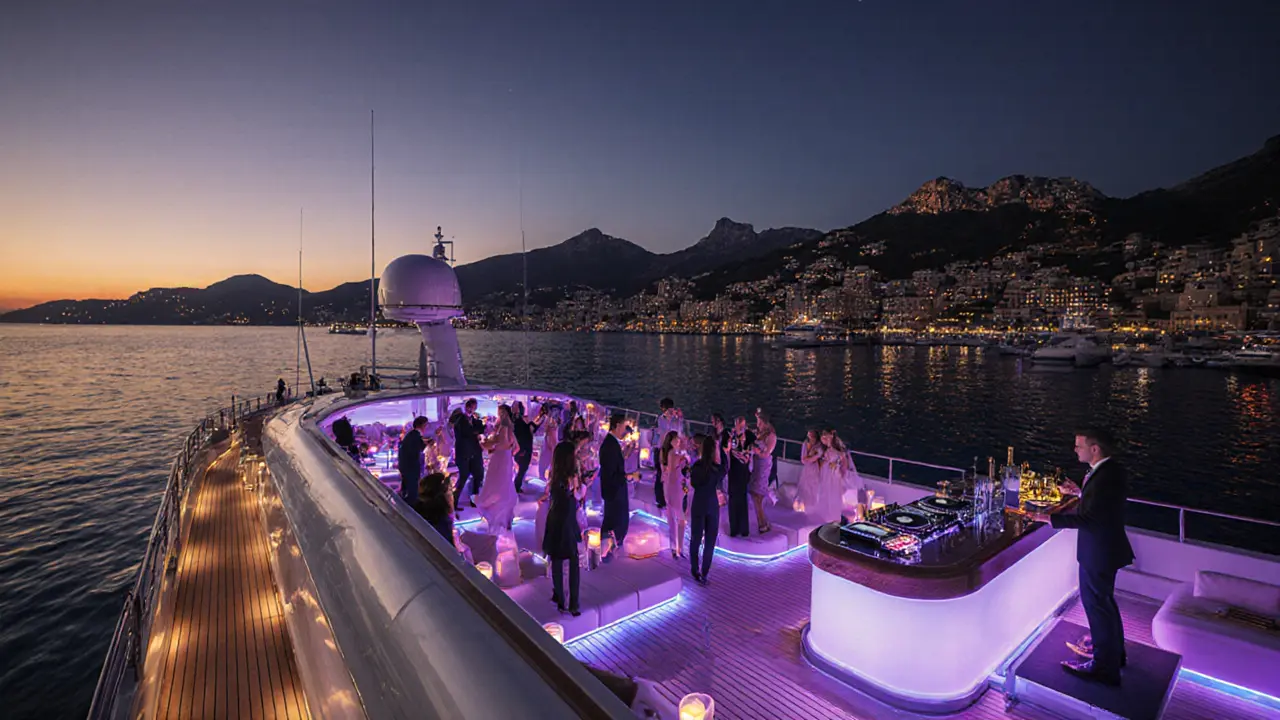 Private super‑yacht party at sunset with illuminated deck, DJ, and stylish guests dancing.