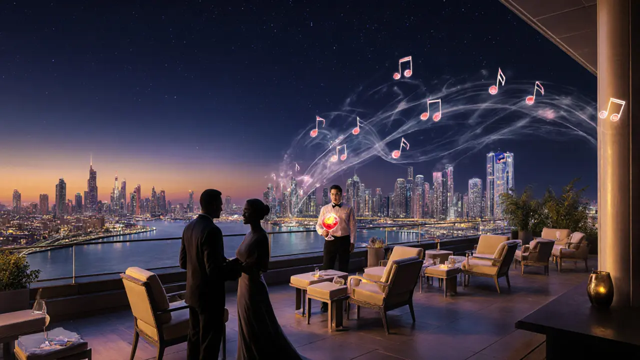 Serene rooftop lounge with city skyline and couples enjoying cocktails under the stars