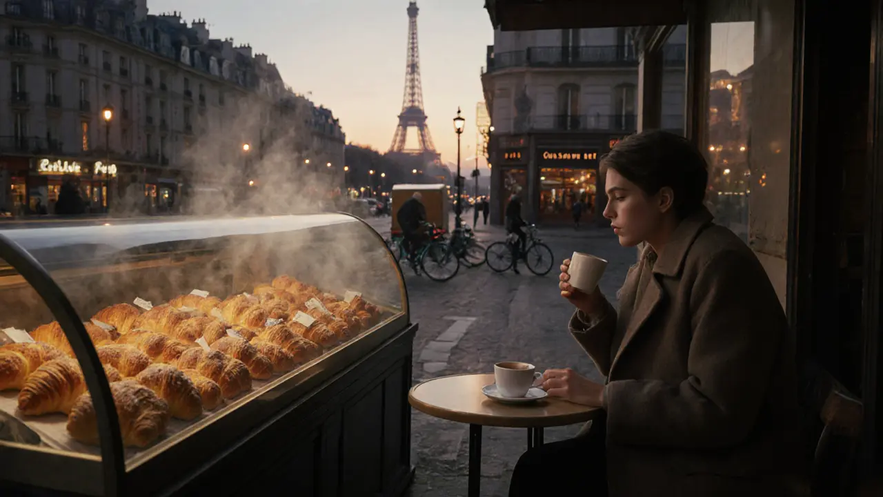 Someone enjoying coffee and a croissant at a bakery at dawn as Paris wakes up.