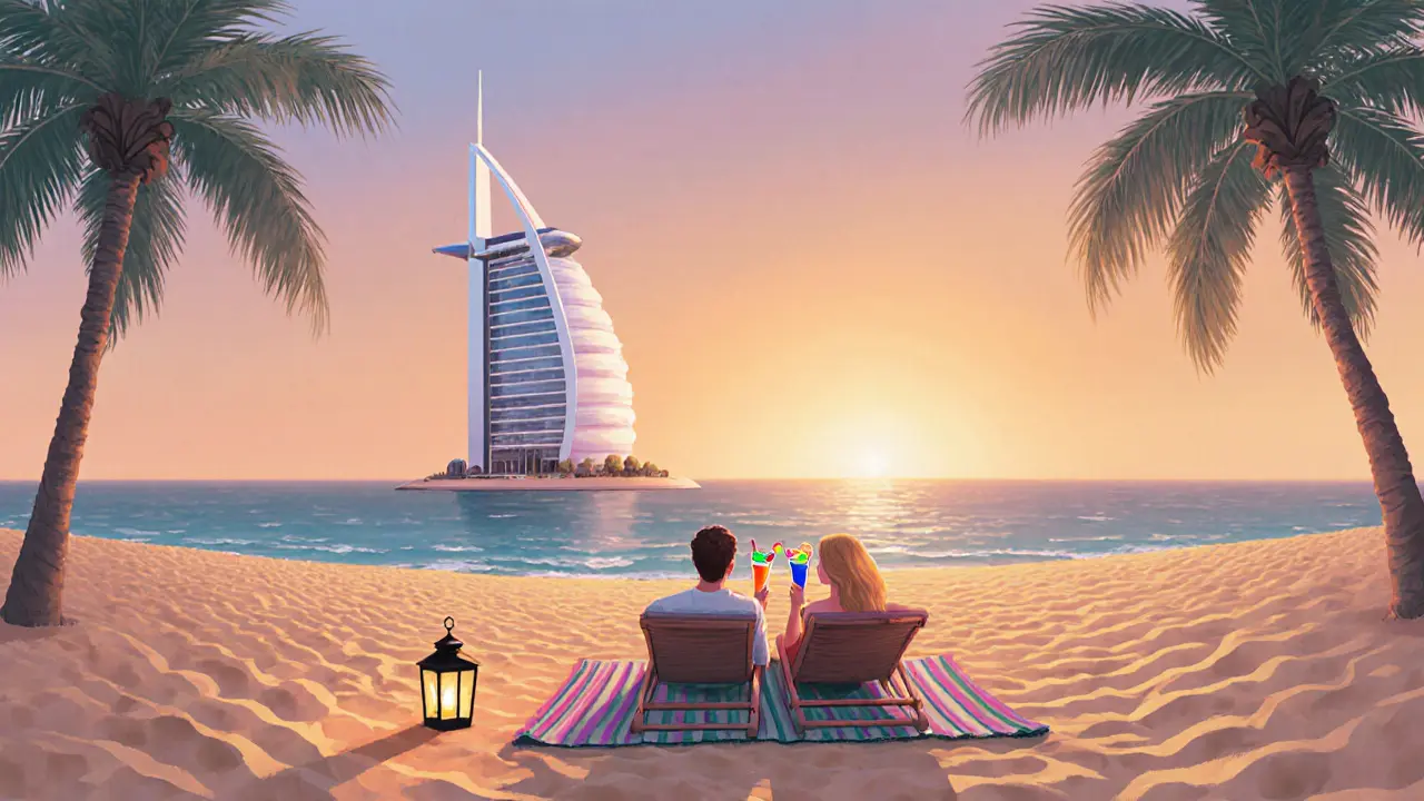 Sunset Beach Dubai with the Burj Al Arab in the background and a couple enjoying mocktails.