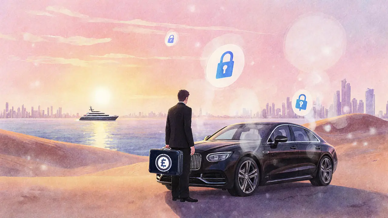 Traveler beside a luxury car at sunrise, symbols of privacy and payment floating nearby.