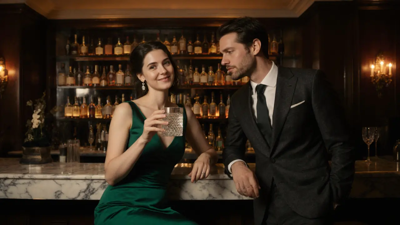 Two elegant figures share a quiet moment at The Connaught Bar, bathed in warm ambient light.