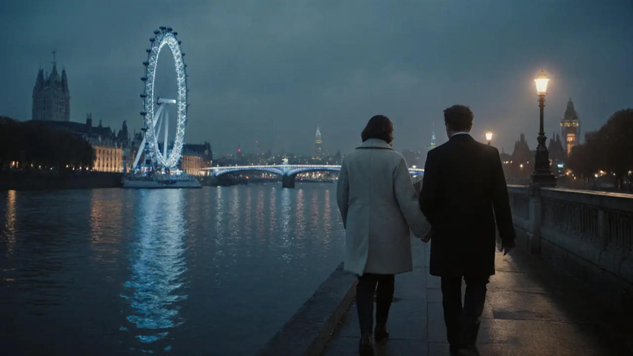 Two people walking peacefully along the Thames at night with city lights reflecting on the water.