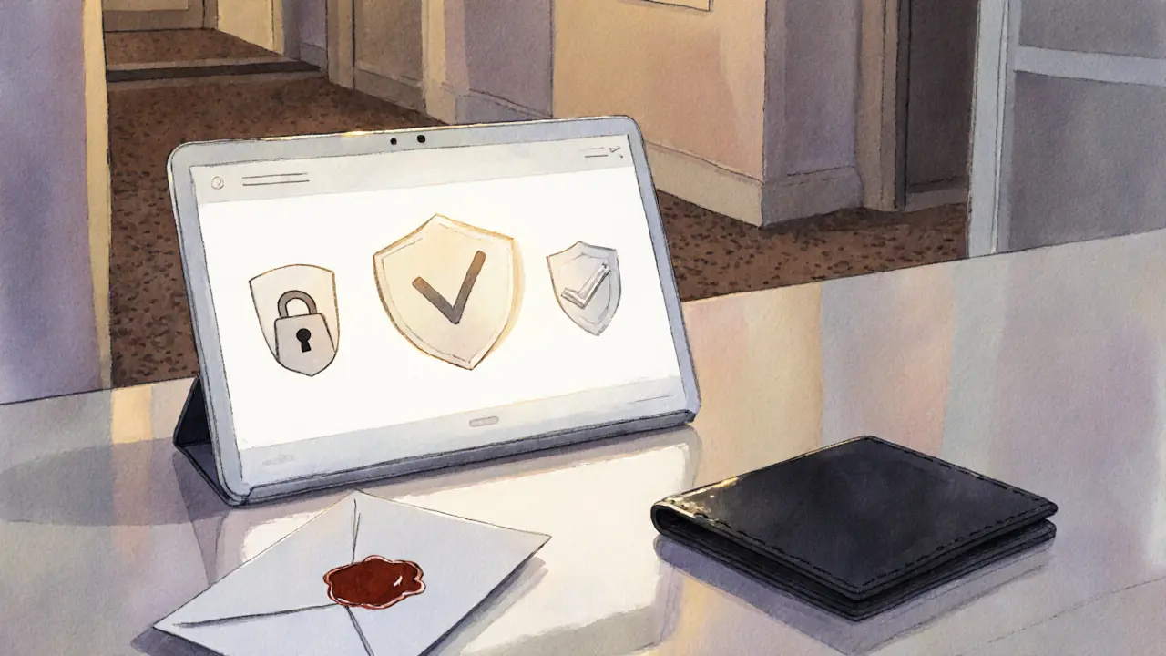 Watercolor scene of a tablet with safety icons and a quiet hotel hallway.