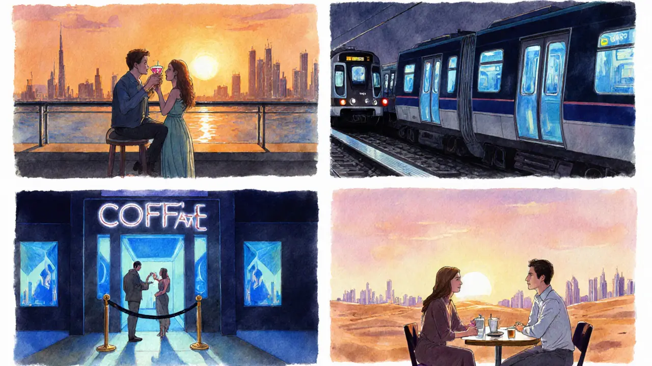 Watercolor storyboard of a night out: rooftop bar at sunset, metro ride, club entrance, and early‑morning cafe.