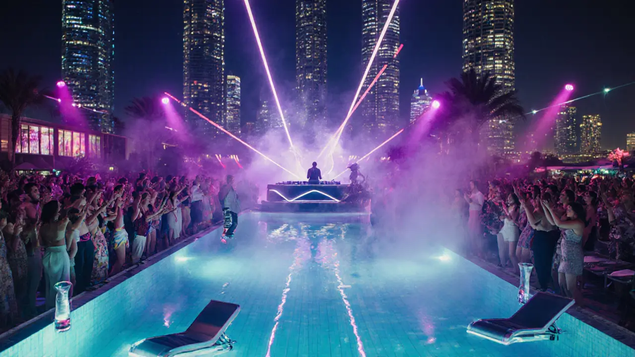 Zero Gravity nightclub at night with a massive illuminated pool, DJ, and city skyline.