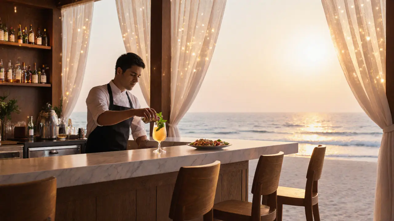 A bartender pouring a cocktail at a beachside bar with free tapas and twilight ocean views.
