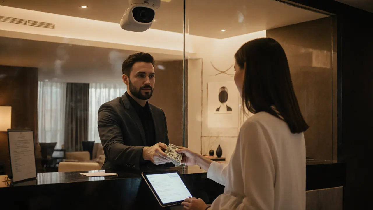 A client handing cash to a companion in a hotel lobby, with a security camera visible and booking confirmation on a nearby tablet.