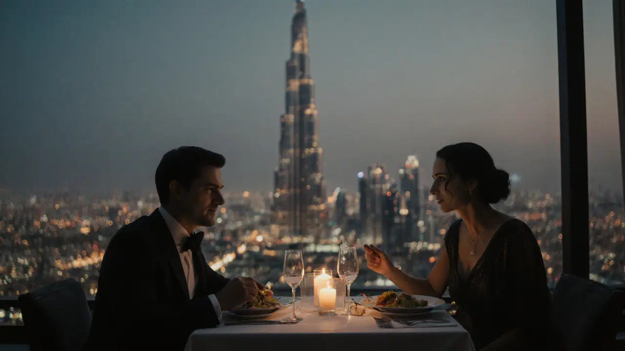 A couple dining at a rooftop restaurant in Dubai with the Burj Khalifa in the distance, atmosphere refined and discreet.