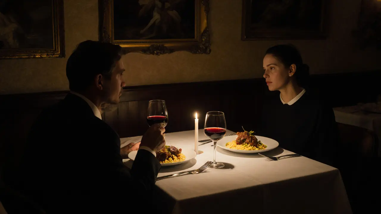 A couple enjoying a candlelit dinner of ossobuco and saffron risotto in a refined, intimate Michelin-starred restaurant.