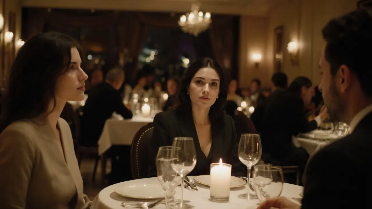 A couple enjoying a quiet dinner at a high-end Abu Dhabi restaurant, emphasizing discretion and mutual respect.