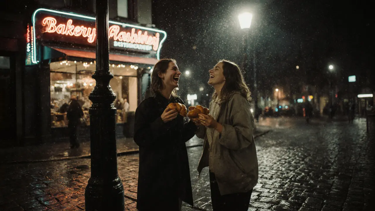 A couple laughing in the rain outside a bakery, holding a croissant under a streetlamp.