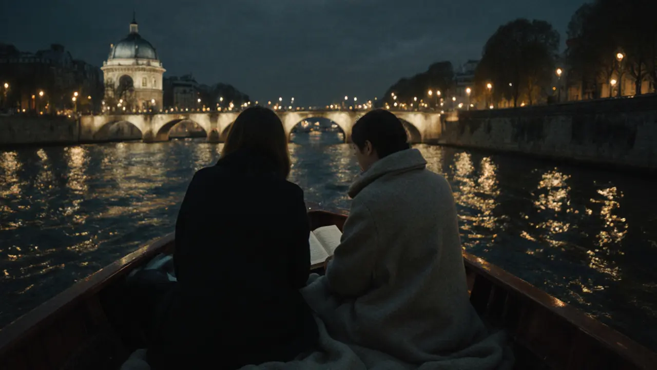 A couple on a silent night boat ride along the Seine, surrounded by Parisian city lights.