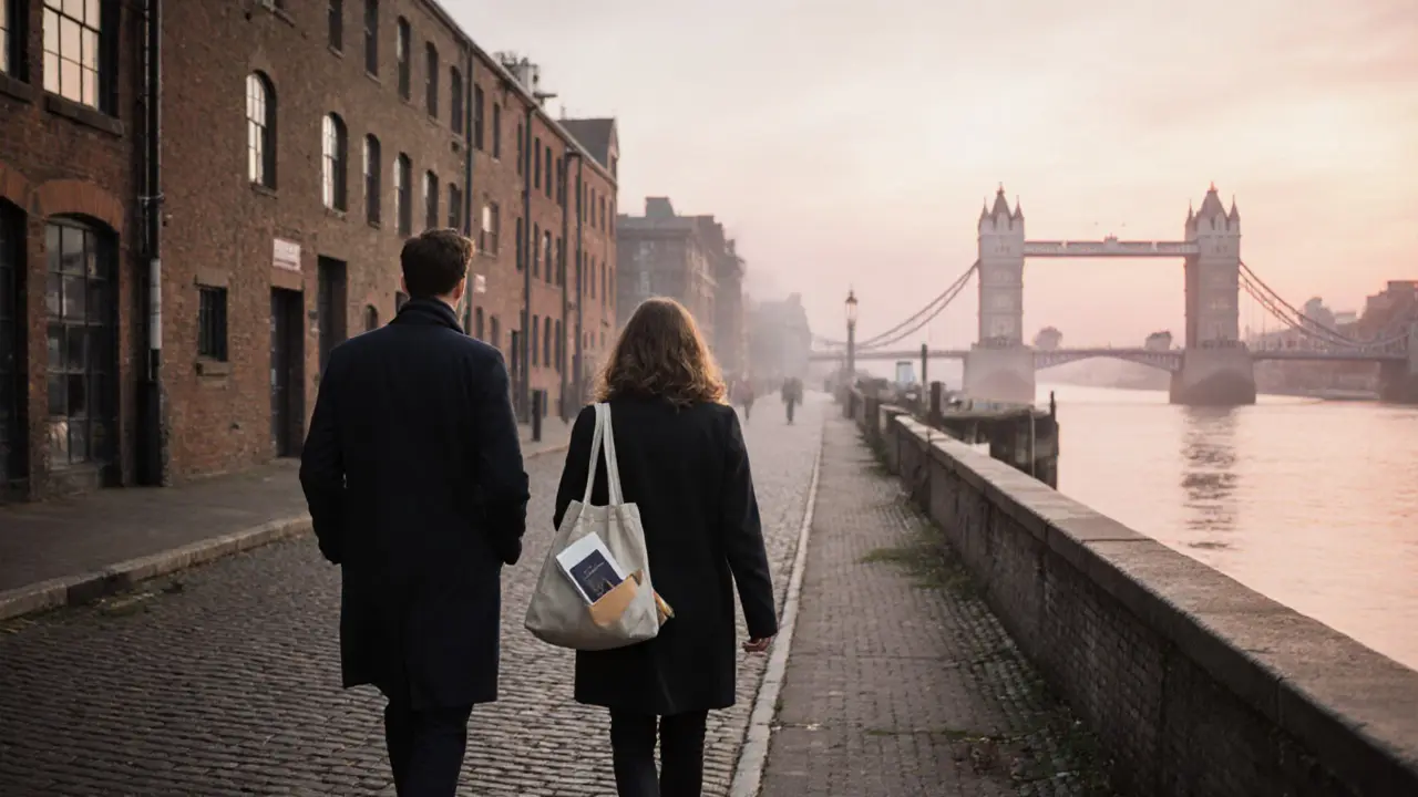 A couple walking peacefully along the Thames at sunrise, mist rising from the water.